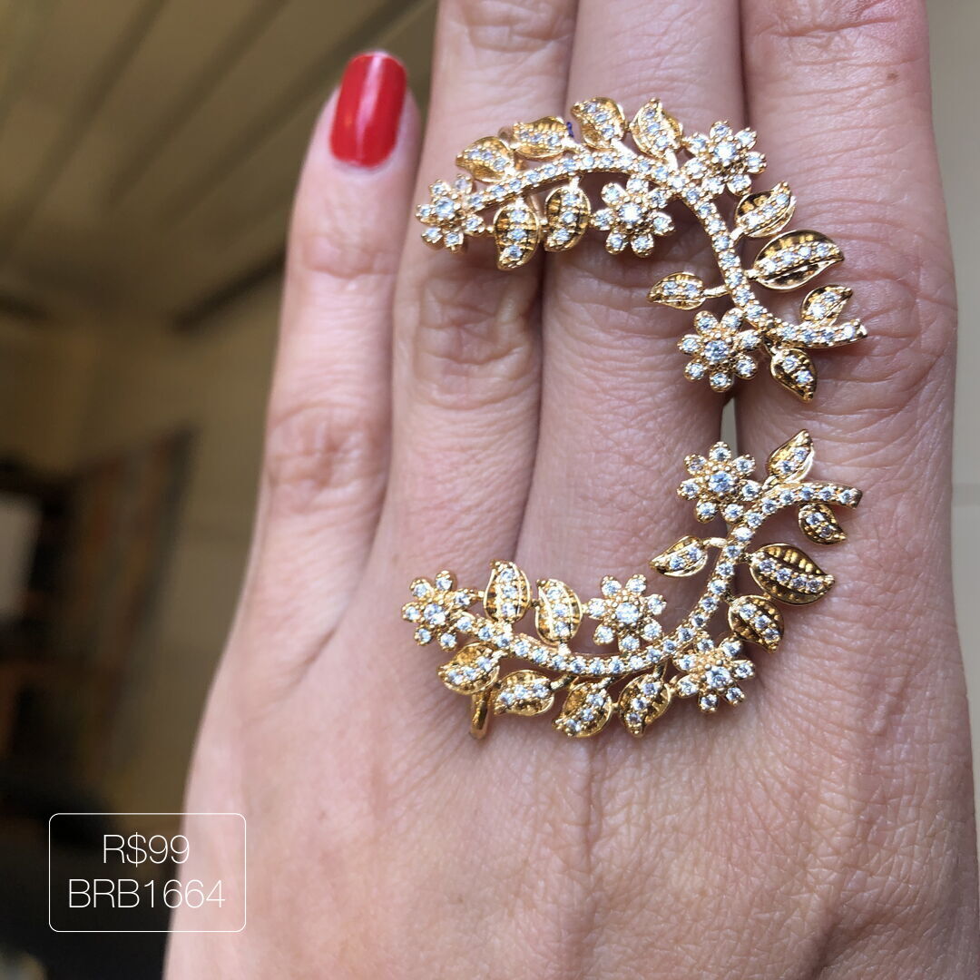 Ear Cuff Luxo Flowers and Leafs Cristal Dourado